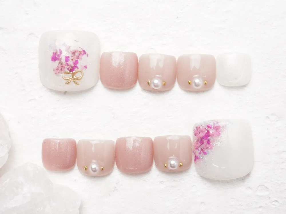 (318)ドライフラワー×キラキラ花束ネイル｜フットネイル