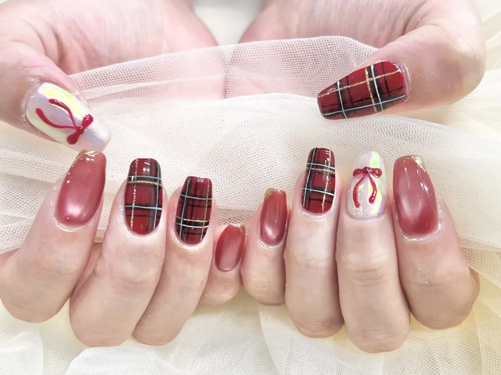 赤チェックネイル×マグネット