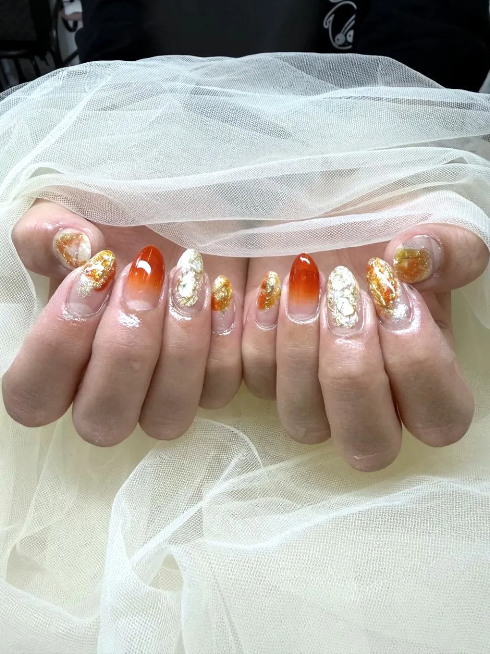 オレンジ金箔グラデネイル