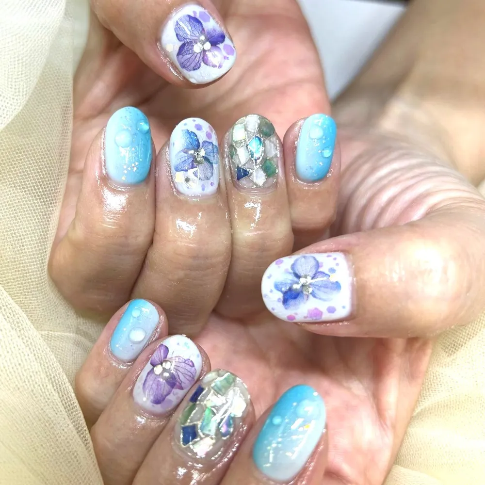 紫陽花シェルガラスネイル