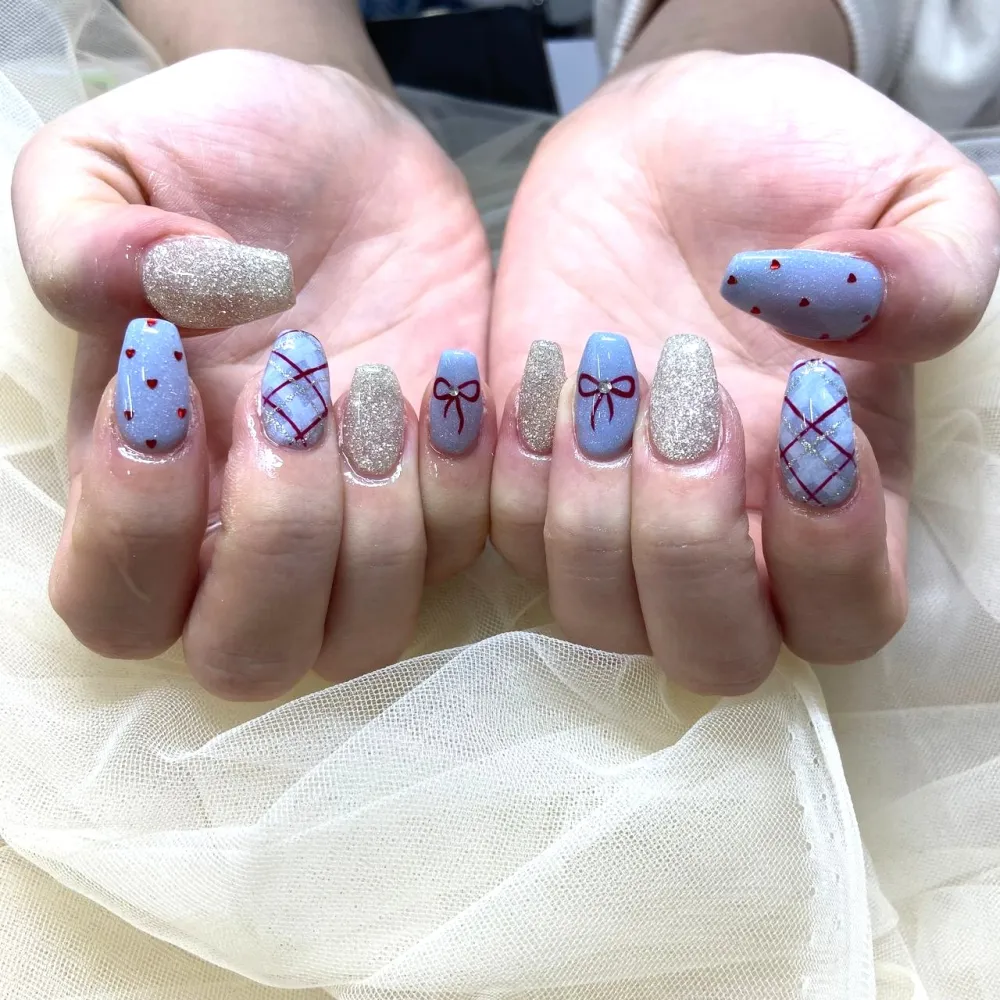 ブルーチェックリボンハート