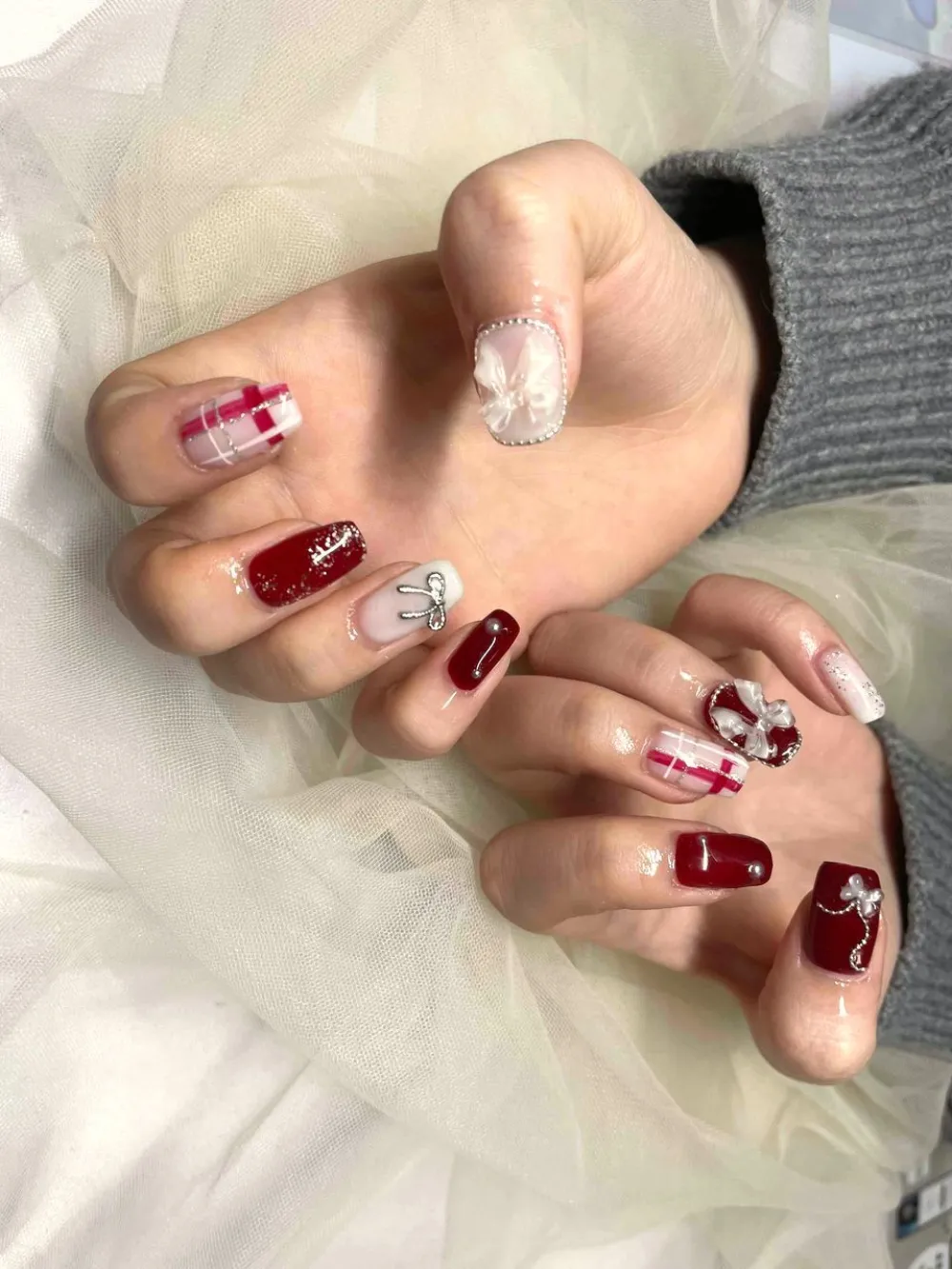 赤白チェックリボン花ミックス