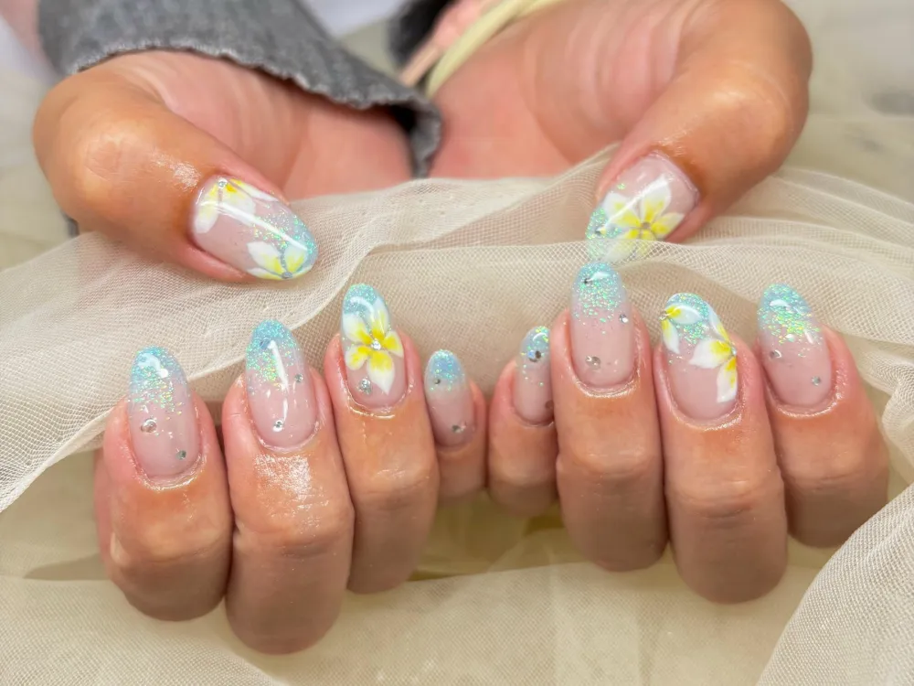 水色ラメグラデ花ストーン