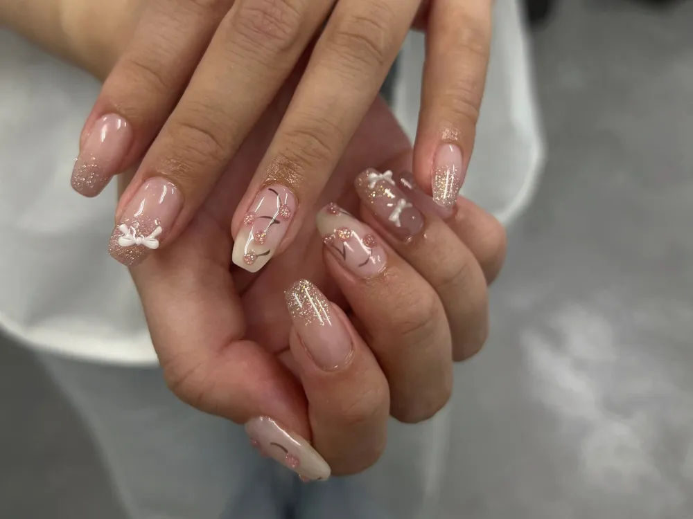 ピンクラメフレンチ花ニュアンス