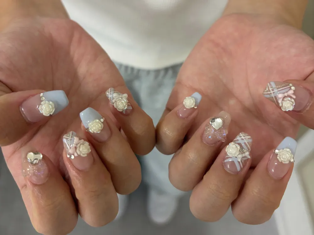 水色フレンチ花3Dビジュー